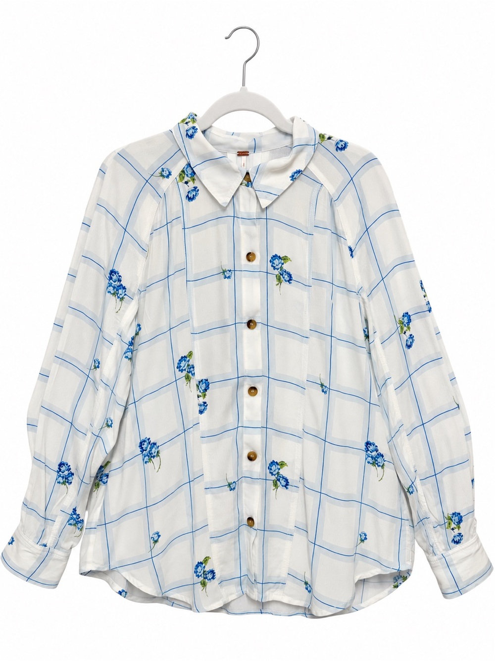 Free People White Button-Down Shirt w/ Blue Windowpane Floral Print